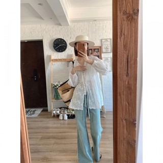 Hàn Quốc Nữ Thời Trang retro Dài Tay Cổ Tròn Cổ Tròn Ren Áo Sơ Mi Trắng