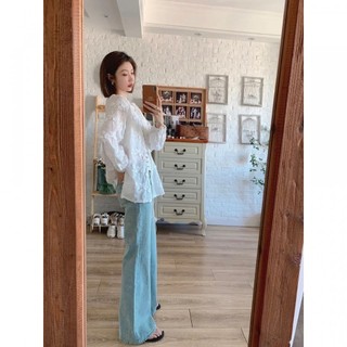Hàn Quốc Nữ Thời Trang retro Dài Tay Cổ Tròn Cổ Tròn Ren Áo Sơ Mi Trắng