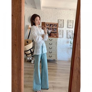 Hàn Quốc Nữ Thời Trang retro Dài Tay Cổ Tròn Cổ Tròn Ren Áo Sơ Mi Trắng