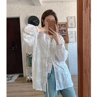 Hàn Quốc Nữ Thời Trang retro Dài Tay Cổ Tròn Cổ Tròn Ren Áo Sơ Mi Trắng