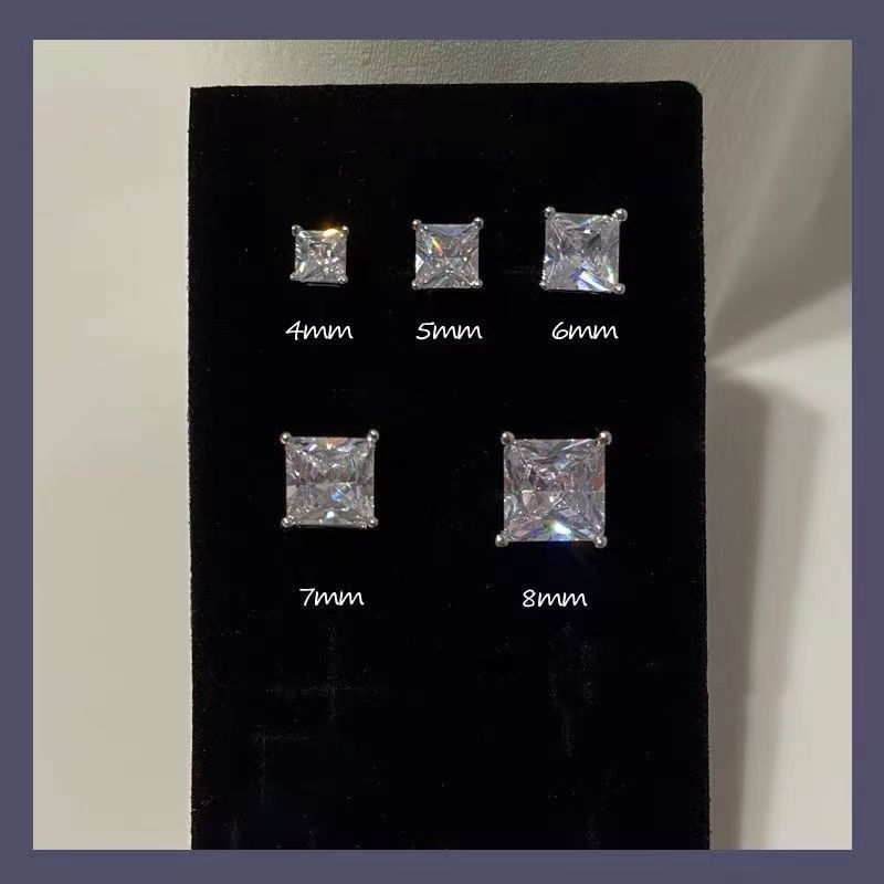 Thời Trang S925 Bạc Vuông Zircon Bông Tai Nam Đơn Giản Phù Hợp Với Tai Xuyên