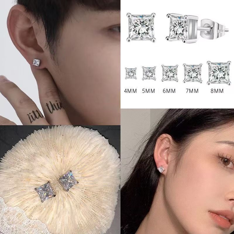 Thời Trang S925 Bạc Vuông Zircon Bông Tai Nam Đơn Giản Phù Hợp Với Tai Xuyên