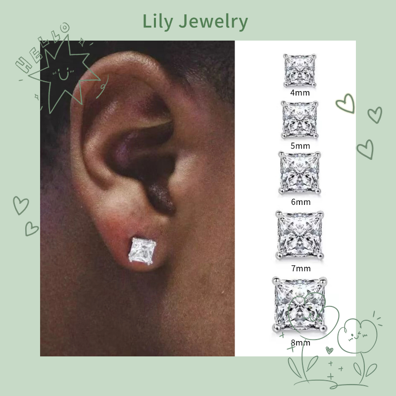 Thời Trang S925 Bạc Vuông Zircon Bông Tai Nam Đơn Giản Phù Hợp Với Tai Xuyên