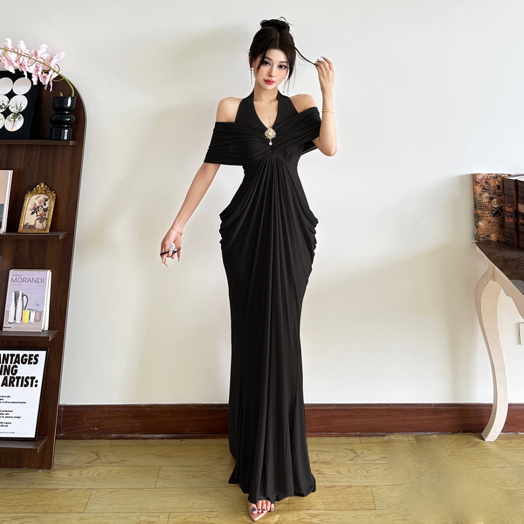Cutenew Đầm Maxi Thanh Lịch Dây Tắt Vai Lưng Mỏng Quấn Hông Lưới Chắp Vá Nữ Mùa Hè Đơn Giản Gợi Cảm Cổ Điển Phong Cách Pháp