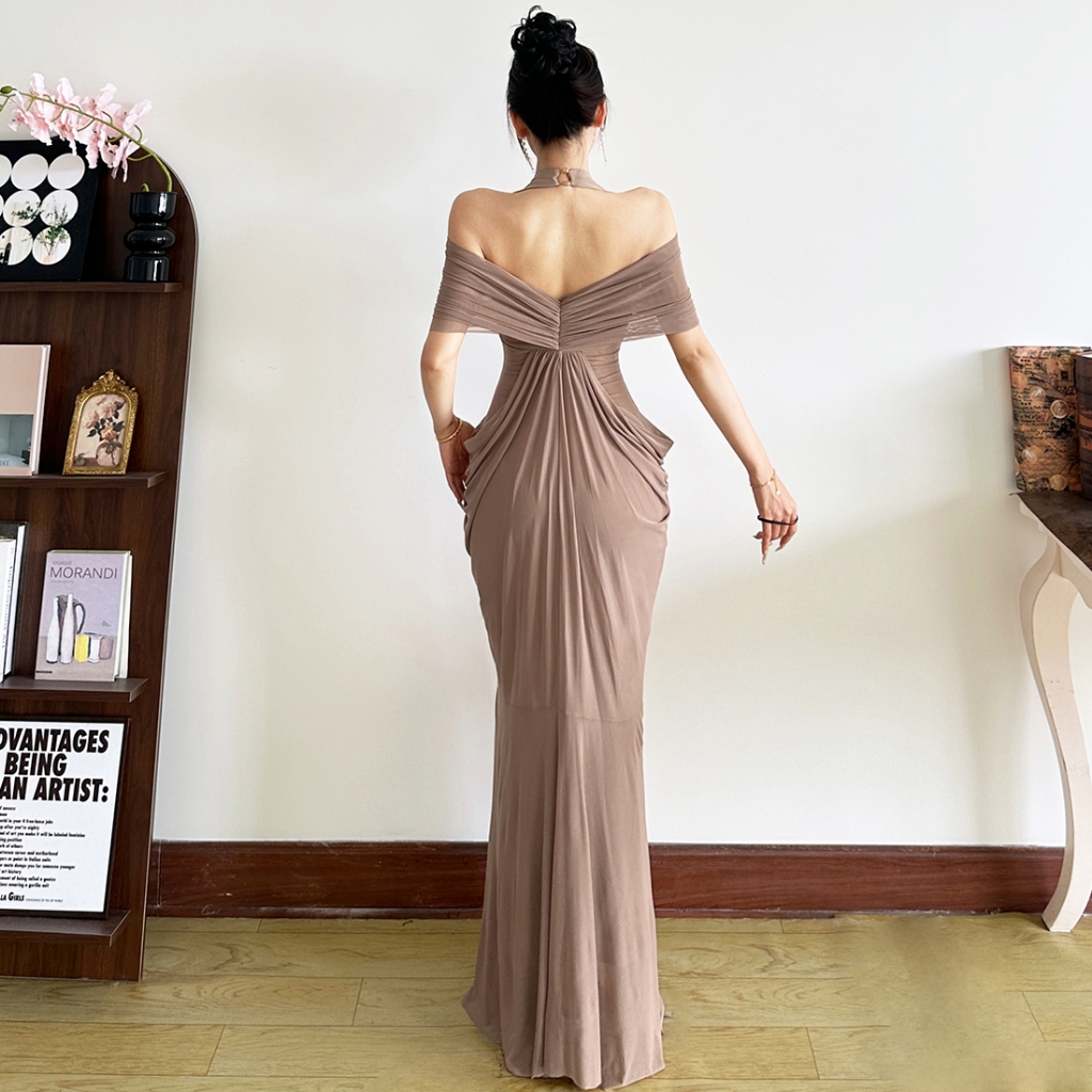 Cutenew Đầm Maxi Thanh Lịch Dây Tắt Vai Lưng Mỏng Quấn Hông Lưới Chắp Vá Nữ Mùa Hè Đơn Giản Gợi Cảm Cổ Điển Phong Cách Pháp