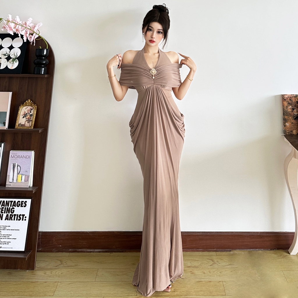 Cutenew Đầm Maxi Thanh Lịch Dây Tắt Vai Lưng Mỏng Quấn Hông Lưới Chắp Vá Nữ Mùa Hè Đơn Giản Gợi Cảm Cổ Điển Phong Cách Pháp