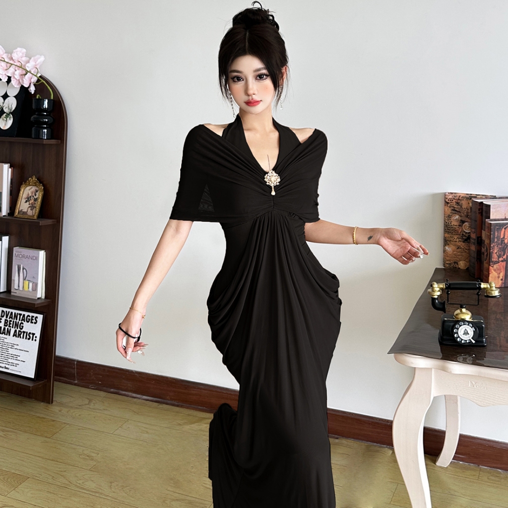 Cutenew Đầm Maxi Thanh Lịch Dây Tắt Vai Lưng Mỏng Quấn Hông Lưới Chắp Vá Nữ Mùa Hè Đơn Giản Gợi Cảm Cổ Điển Phong Cách Pháp