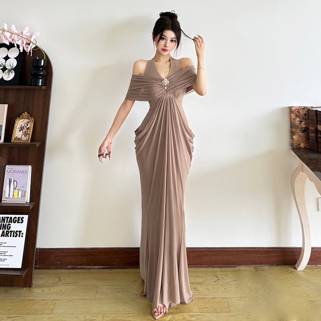Cutenew Đầm Maxi Thanh Lịch Dây Tắt Vai Lưng Mỏng Quấn Hông Lưới Chắp Vá Nữ Mùa Hè Đơn Giản Gợi Cảm Cổ Điển Phong Cách Pháp