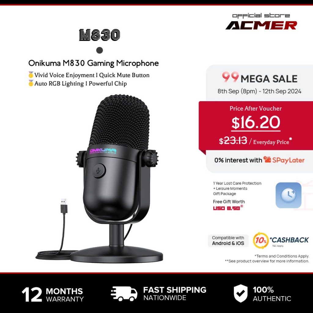 Onikuma Microphone Gaming M830 với Khử Nhiễu & Nút Tắt Tiếng, Micrô USB ...