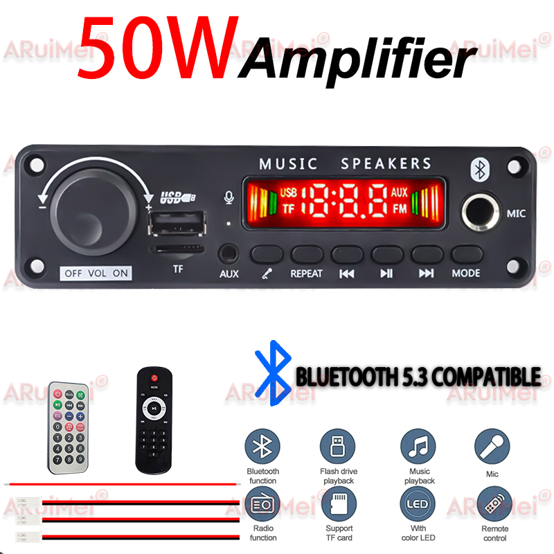 Bảng khuếch đại Bluetooth 5.0 ARuiMei 2 * 25W 50W, Bộ giải mã MP3 Âm thanh nổi trên ô tô USB / TF / FM, DC 7-18V, Bộ chuyển đổi thư mục ghi âm cuộc gọi rảnh tay