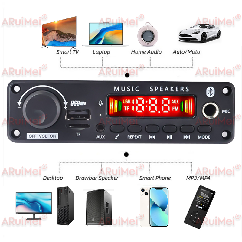 Bảng khuếch đại Bluetooth 5.0 ARuiMei 2 * 25W 50W, Bộ giải mã MP3 Âm thanh nổi trên ô tô USB / TF / FM, DC 7-18V, Bộ chuyển đổi thư mục ghi âm cuộc gọi rảnh tay