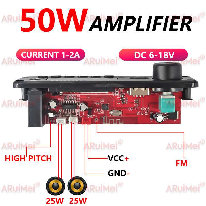 Bảng khuếch đại Bluetooth 5.0 ARuiMei 2 * 25W 50W, Bộ giải mã MP3 Âm thanh nổi trên ô tô USB / TF / FM, DC 7-18V, Bộ chuyển đổi thư mục ghi âm cuộc gọi rảnh tay