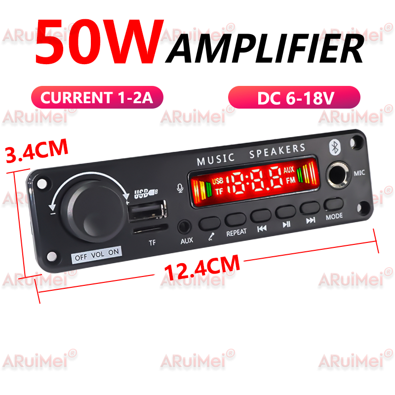Bảng khuếch đại Bluetooth 5.0 ARuiMei 2 * 25W 50W, Bộ giải mã MP3 Âm thanh nổi trên ô tô USB / TF / FM, DC 7-18V, Bộ chuyển đổi thư mục ghi âm cuộc gọi rảnh tay