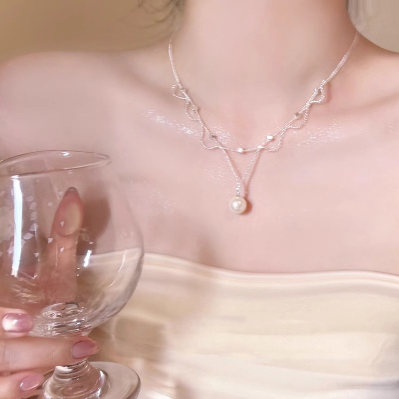 Vòng cổ ngọc trai ren bạc, phong cách Hàn Quốc, dành cho nữ