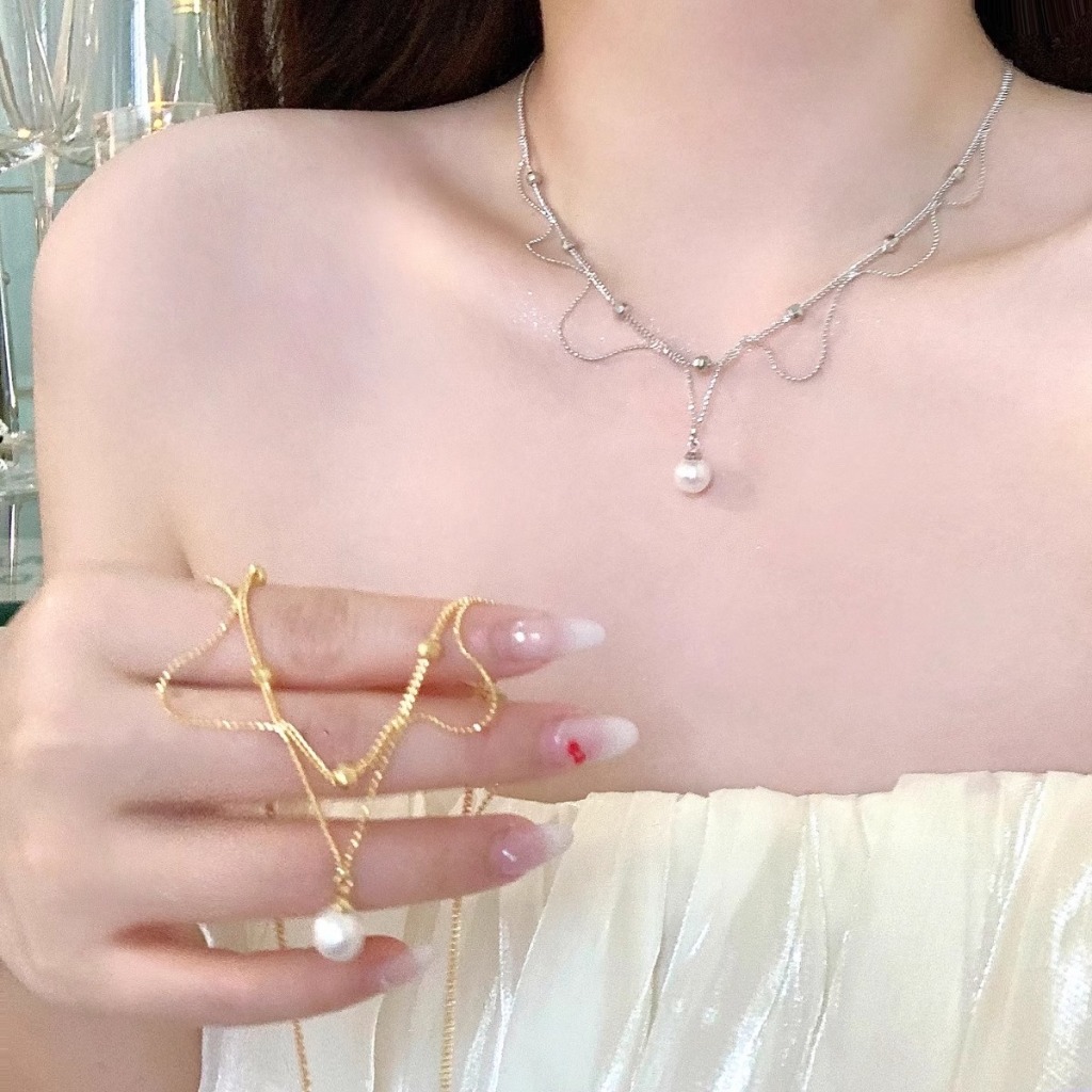 Vòng cổ ngọc trai ren bạc, phong cách Hàn Quốc, dành cho nữ