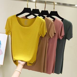 Áo thun nữ cổ tròn Áo thun Modal mùa hè Nguyên chất cơ bản Áo thun dáng rộng Áo trơn mát mẻ thời trang Tee Baju