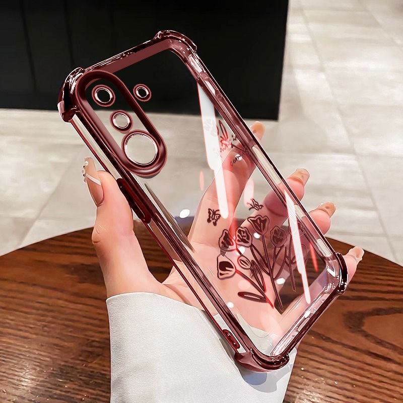 YBD Chống Rơi Bốn Góc Cho Samsung Galaxy A17 A13 A04S A05S F14 A14 A15 A16 4G 5G Ốp Điện Thoại Trong Suốt Hoa Hồng Tối Giản Nâng Cao