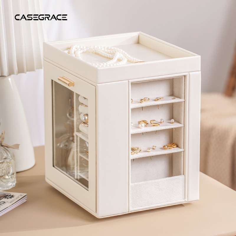 Hộp đựng đồ trang sức 360° Vòng cổ xoay Bông tai tổ chức với gương cửa sổ trong suốt 5 ngăn kéo Vòng lớn trưng bày Hộp đựng đồ trang sức cho bé gái