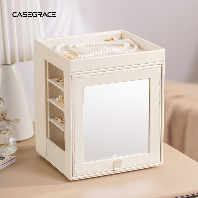 Hộp đựng đồ trang sức 360° Vòng cổ xoay Bông tai tổ chức với gương cửa sổ trong suốt 5 ngăn kéo Vòng lớn trưng bày Hộp đựng đồ trang sức cho bé gái
