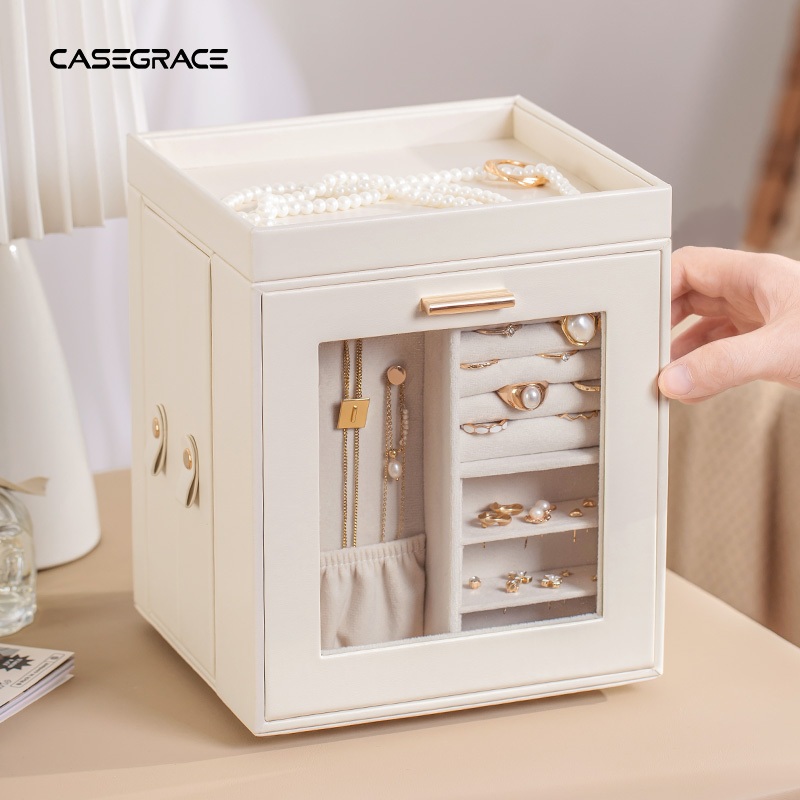 Hộp đựng đồ trang sức 360° Vòng cổ xoay Bông tai tổ chức với gương cửa sổ trong suốt 5 ngăn kéo Vòng lớn trưng bày Hộp đựng đồ trang sức cho bé gái
