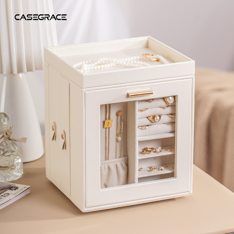 Hộp đựng đồ trang sức 360° Vòng cổ xoay Bông tai tổ chức với gương cửa sổ trong suốt 5 ngăn kéo Vòng lớn trưng bày Hộp đựng đồ trang sức cho bé gái