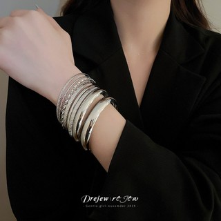 DREZEW Vòng tay họa tiết bóng kim loại châu Âu và Mỹ, bộ tám món, thời trang đơn giản cho trang sức nữ