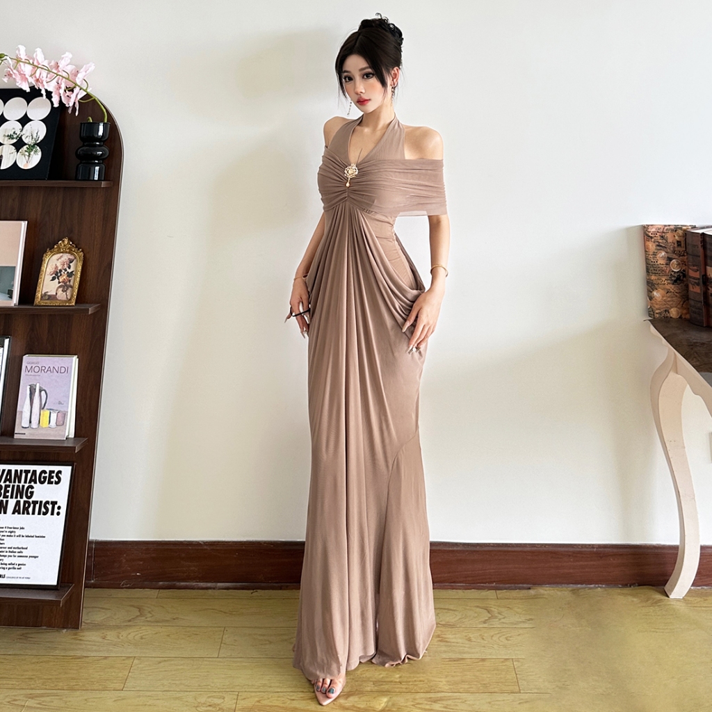 Cutenew Đầm Maxi Thanh Lịch Dây Tắt Vai Lưng Mỏng Quấn Hông Lưới Chắp Vá Nữ Mùa Hè Đơn Giản Gợi Cảm Cổ Điển Phong Cách Pháp