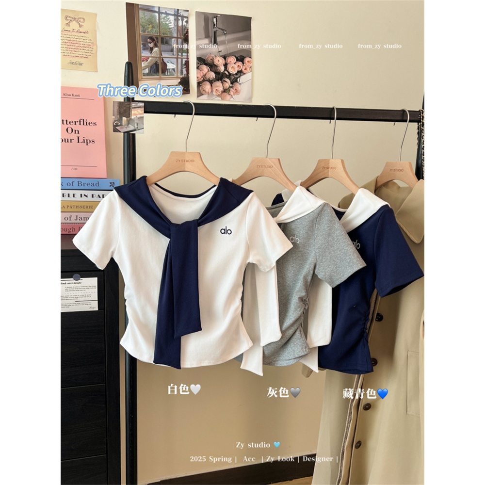 [BANKO] Áo thun tay ngắn nữ dáng slim-fit, thiết kế như khăn choàng cổ, phù hợp mùa hè
