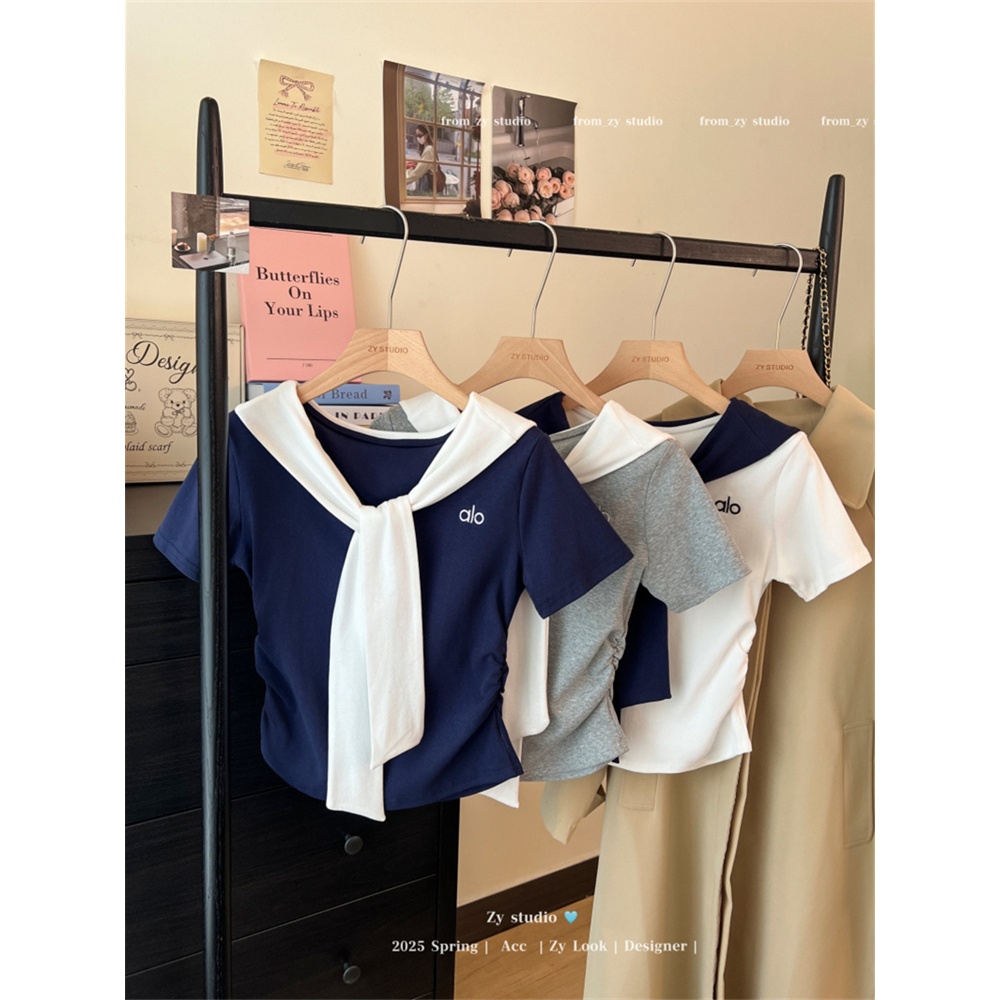 [BANKO] Áo thun tay ngắn nữ dáng slim-fit, thiết kế như khăn choàng cổ, phù hợp mùa hè