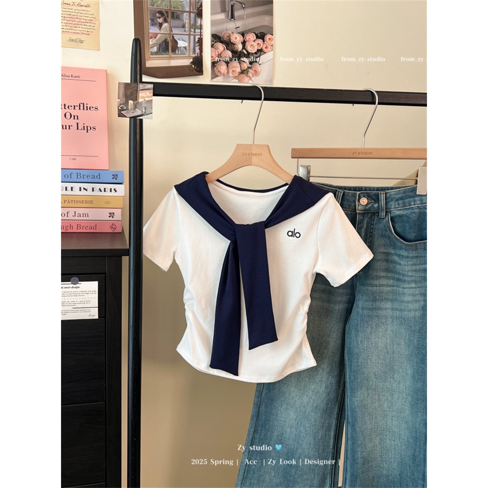 [BANKO] Áo thun tay ngắn nữ dáng slim-fit, thiết kế như khăn choàng cổ, phù hợp mùa hè
