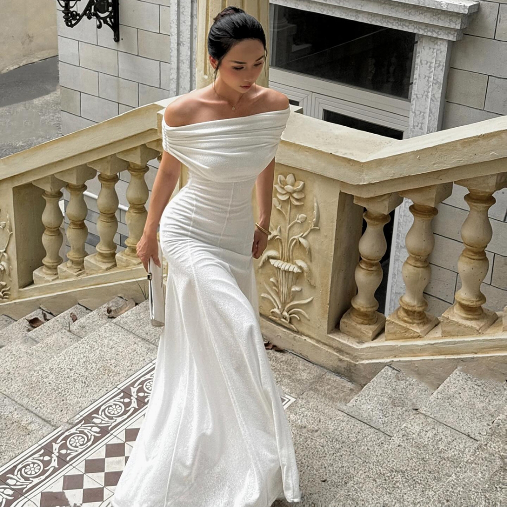 Cutenew Thanh Lịch Đầm Maxi Vai Baring Slash Cổ Chắp Vá Hình Eo Đơn Giản Nữ Mùa Hè Cao Cấp Thường Ngày Phong Cách Pháp
