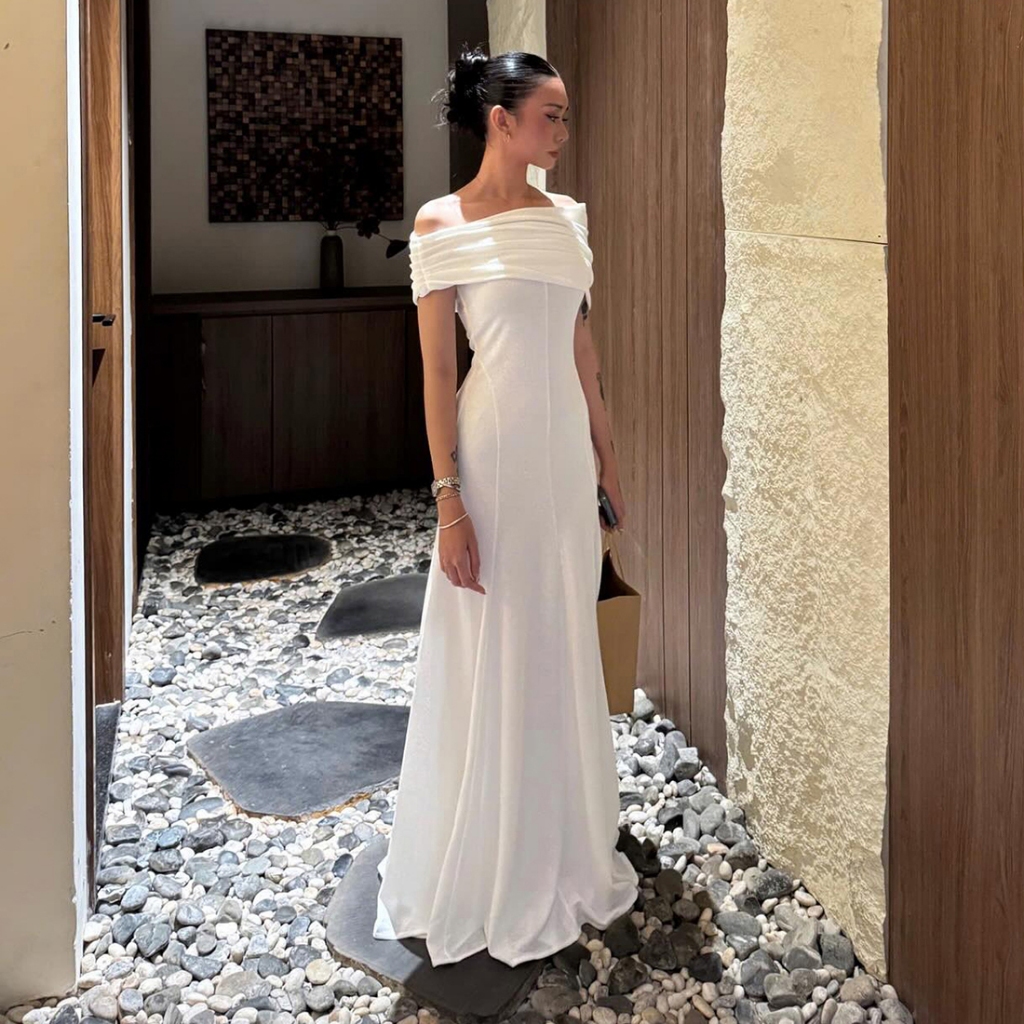Cutenew Thanh Lịch Đầm Maxi Vai Baring Slash Cổ Chắp Vá Hình Eo Đơn Giản Nữ Mùa Hè Cao Cấp Thường Ngày Phong Cách Pháp