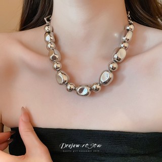 Vòng cổ mặt đá kim loại châu Âu và Mỹ đính cườm tròn, phong cách lạnh lùng dành cho nữ