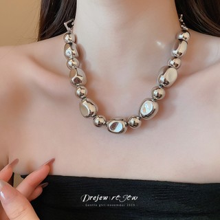 Vòng cổ mặt đá kim loại châu Âu và Mỹ đính cườm tròn, phong cách lạnh lùng dành cho nữ