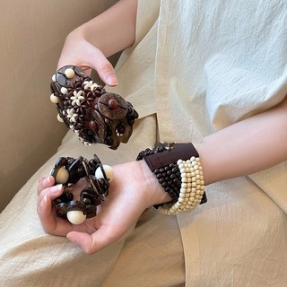 Vòng tay gỗ dừa tròn phong cách retro dân tộc, thiết kế co giãn, phù hợp nữ
