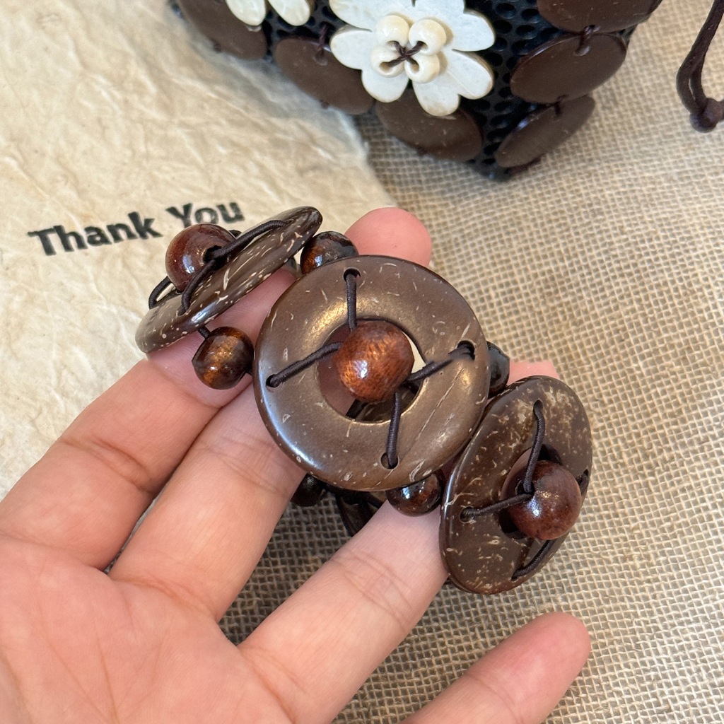 Vòng tay đàn hồi cườm gỗ vỏ dừa tròn, phong cách dân tộc cổ điển, phù hợp nữ
