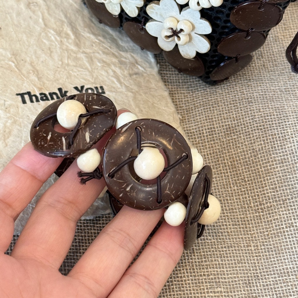 Vòng tay đàn hồi cườm gỗ vỏ dừa tròn, phong cách dân tộc cổ điển, phù hợp nữ