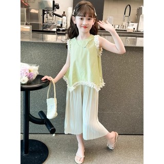 Bộ đồ bé gái hè phong cách Hàn Quốc - Áo viền bèo dễ thương kèm quần ống rộng thoải mái
