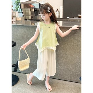 Bộ đồ bé gái hè phong cách Hàn Quốc - Áo viền bèo dễ thương kèm quần ống rộng thoải mái