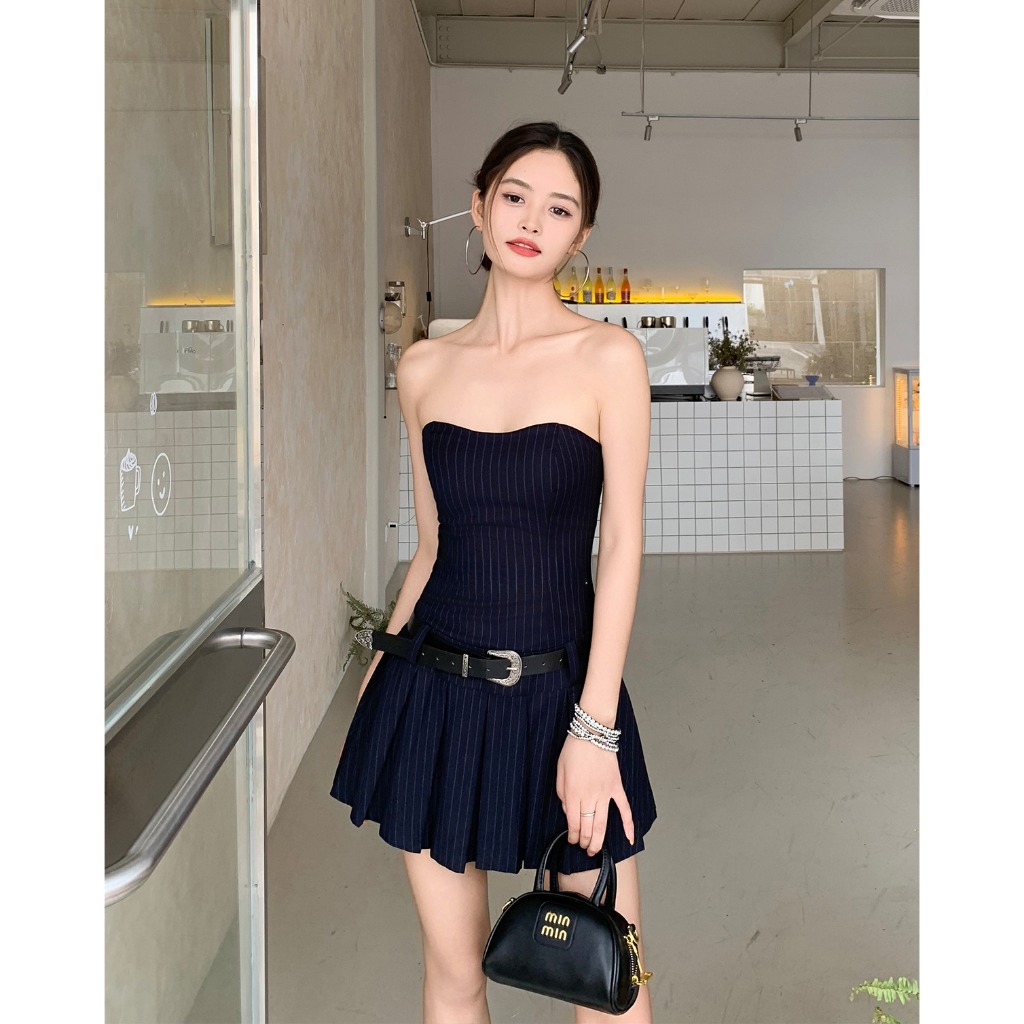 Đầm nữ mùa hè xếp ly ôm eo ngắn chữ A với thắt lưng miễn phí