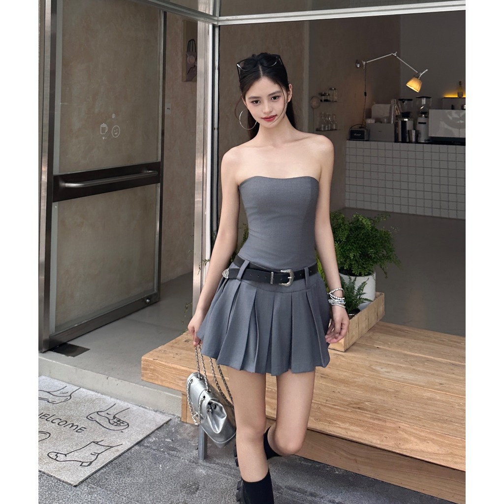 Đầm nữ mùa hè xếp ly ôm eo ngắn chữ A với thắt lưng miễn phí