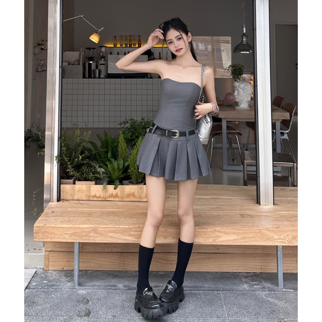 Đầm nữ mùa hè xếp ly ôm eo ngắn chữ A với thắt lưng miễn phí