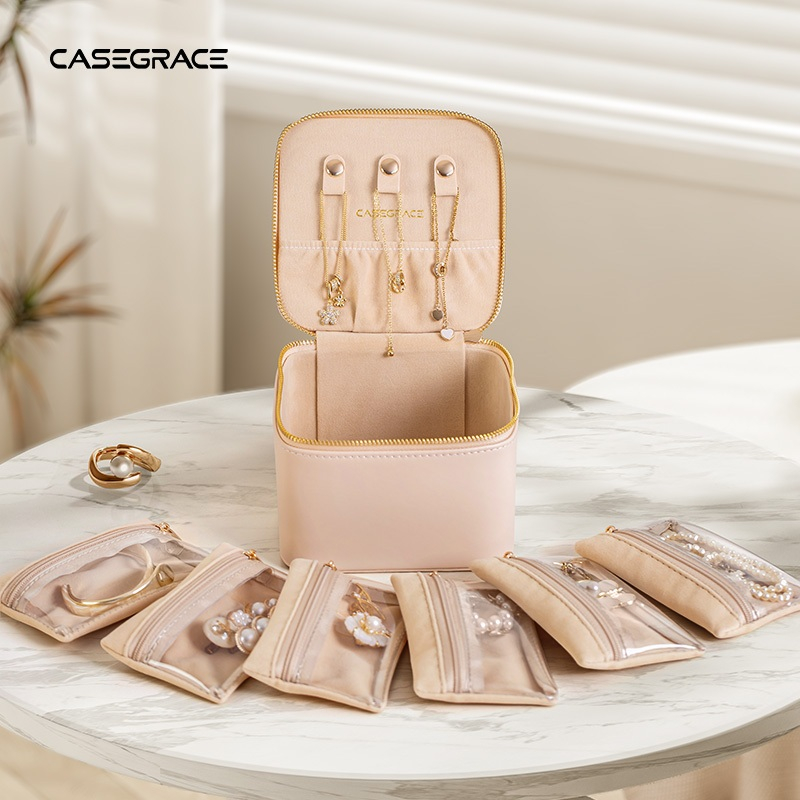 CASEGRACE Hộp đựng trang sức du lịch nhỏ, 6 túi dây kéo nhung, quà tặng sinh nhật cho nữ