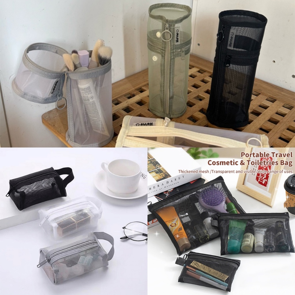 GVERLCRTN Các loại hình tròn / hình chữ nhật với các dung tích khác nhau Túi đựng cọ trang điểm công dụng kép lưới  Hộp đựng cọ di động Hộp đựng cọ dung tích lớn đơn giản Túi đựng xô đựng đồ du lịch 【8C】