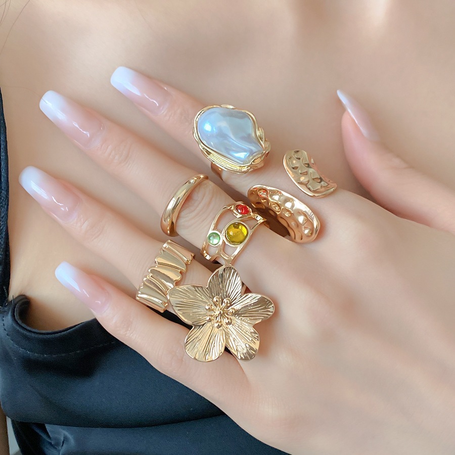 6 Cái / bộ Kim Loại Hoa Nhẫn Nữ Baroque Ngọc Trai Chỉ Số Nhẫn Niche Thời Trang Tuyên Bố Trang Sức