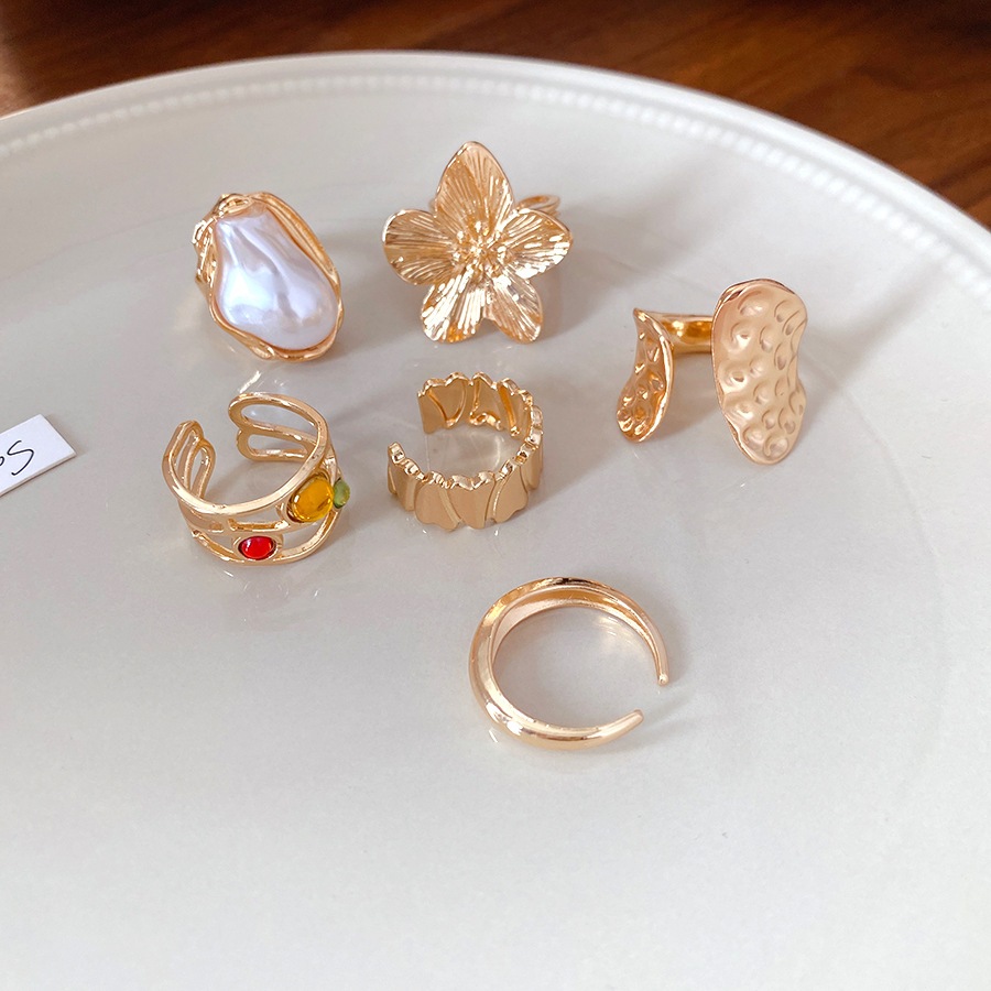 6 Cái / bộ Kim Loại Hoa Nhẫn Nữ Baroque Ngọc Trai Chỉ Số Nhẫn Niche Thời Trang Tuyên Bố Trang Sức
