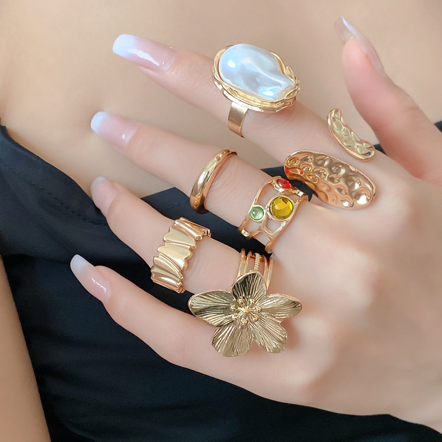 6 Cái / bộ Kim Loại Hoa Nhẫn Nữ Baroque Ngọc Trai Chỉ Số Nhẫn Niche Thời Trang Tuyên Bố Trang Sức