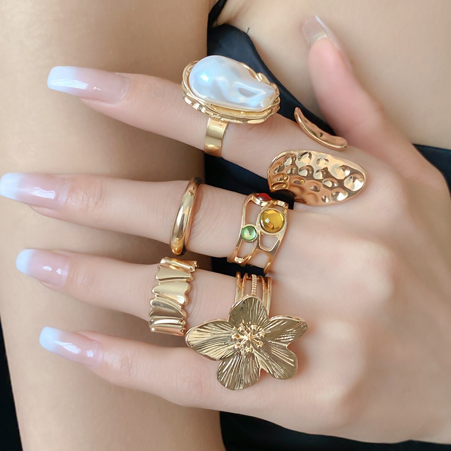 6 Cái / bộ Kim Loại Hoa Nhẫn Nữ Baroque Ngọc Trai Chỉ Số Nhẫn Niche Thời Trang Tuyên Bố Trang Sức