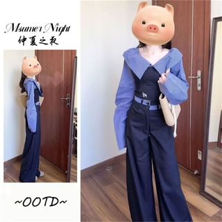 Quần Kích Thước Lớn + Bộ Đồ Nữ Cao Cấp Sense Một Vai Áo Sơ Mi Nữ Sọc Mùa Xuân Khâu Preppy Phong Cách Ngắn Slim-fit Áo Sơ Mi Nhỏ Ôm Hơn Nhìn Top Quần Dáng Rộng Quần Áo Nữ
