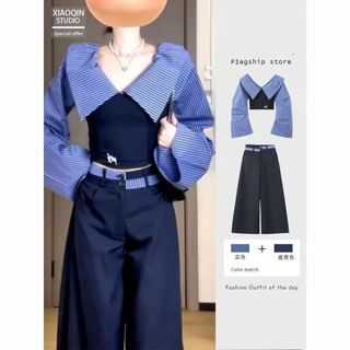 Quần Kích Thước Lớn + Bộ Đồ Nữ Cao Cấp Sense Một Vai Áo Sơ Mi Nữ Sọc Mùa Xuân Khâu Preppy Phong Cách Ngắn Slim-fit Áo Sơ Mi Nhỏ Ôm Hơn Nhìn Top Quần Dáng Rộng Quần Áo Nữ